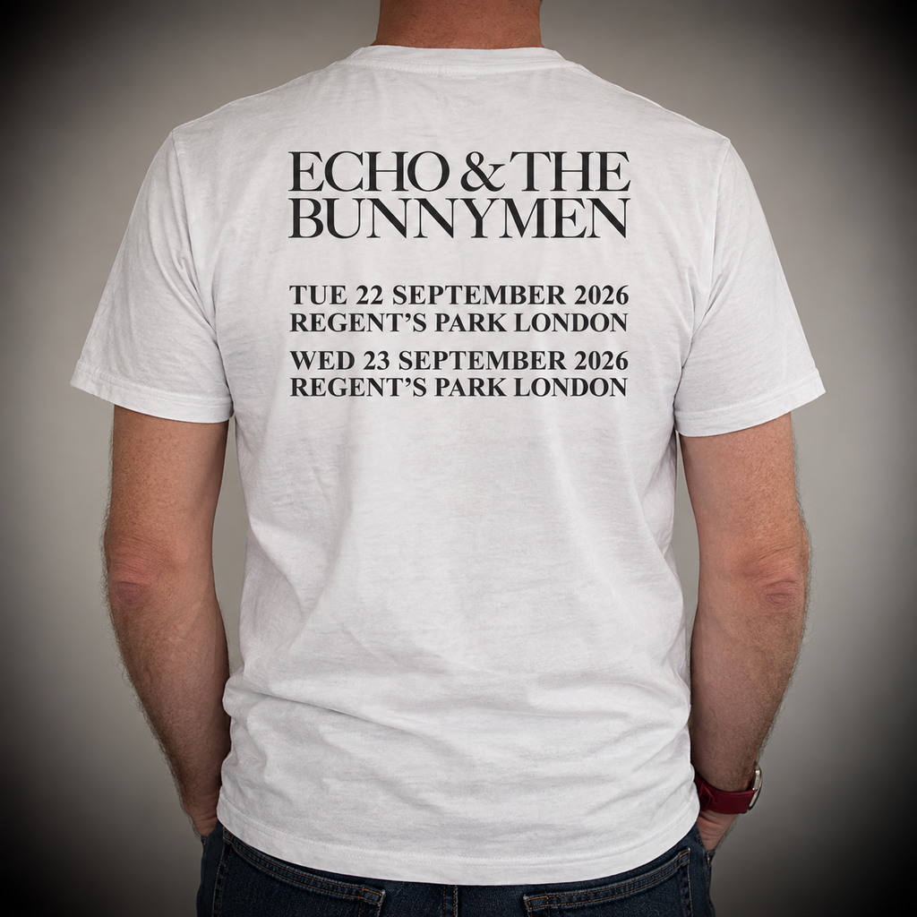 A man viewed from behind wearing a white t-shirt with black printed text reading 'ECHO & THE BUNNYMEN' and event details for September 22 and 23, 2026, in Regent's Park London.