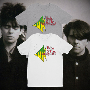 Two t-shirts with the band Echo & The Bunnymen's name and logo, one in white and one in gray, displayed in front of images of the band members.