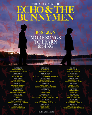 Tour poster for 'The Very Best of Echo & The Bunnymen 1978-2026 More Songs to Learn & Sing' featuring silhouettes of two figures walking against a sunset sky over a lake, with a list of tour dates at the bottom.