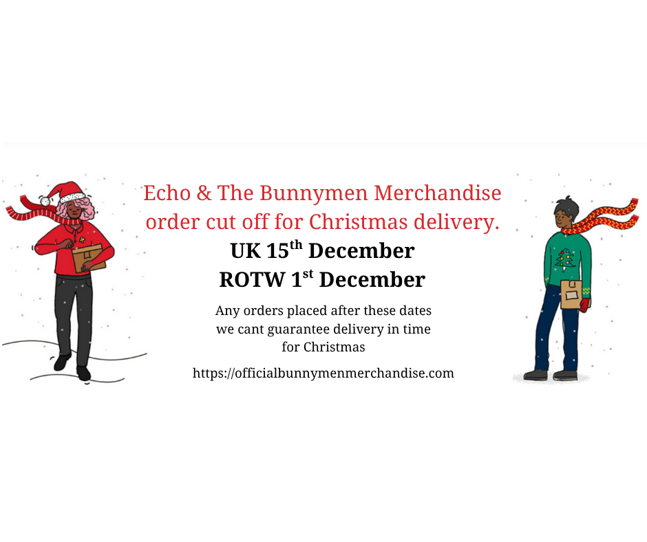 Promotional graphic for Echo & The Bunnymen merchandise with two illustrated characters and text about Christmas delivery.